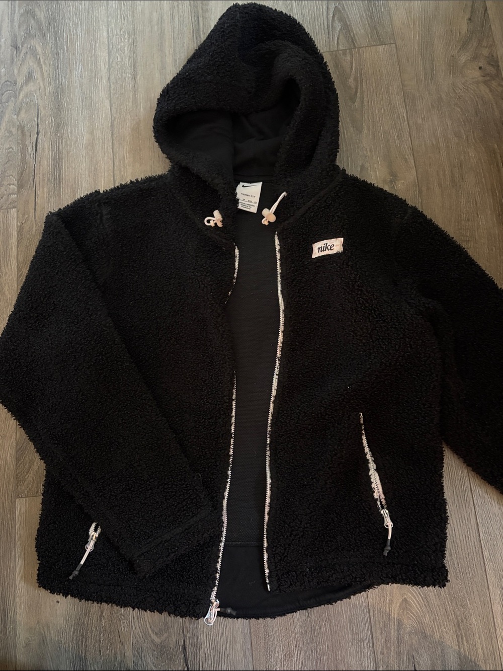 Nike Black Sherpa Puffer Hoodie Jacket with White Trim